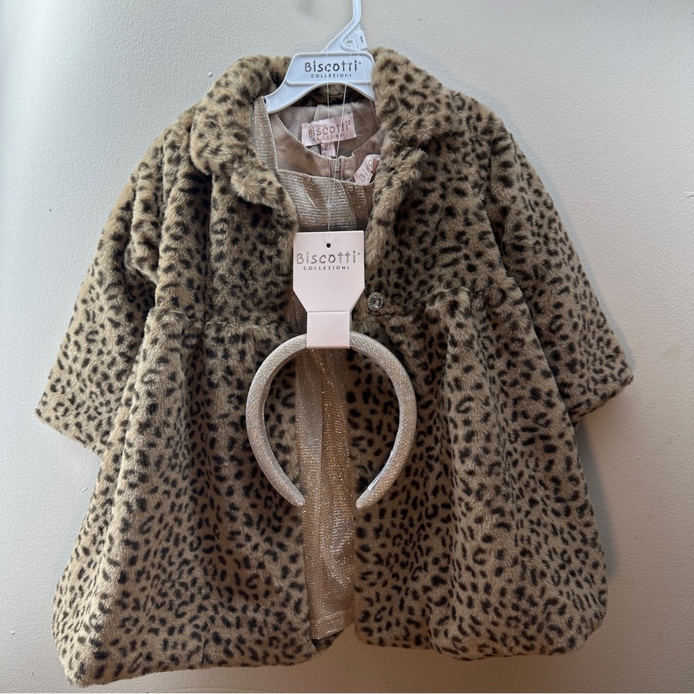 Biscotti Collezioni Girls 3-Piece Leopard Faux Fur Coat Dress Set NWT